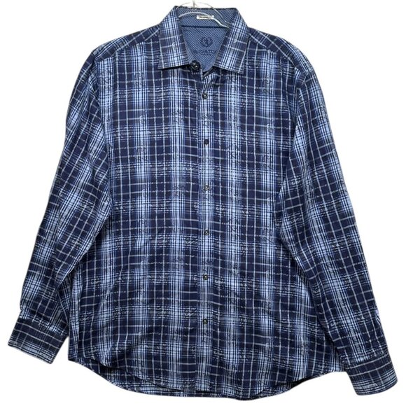 Bugatchi Mens Shaped Fit Blue Plaid Long Sleeve Button-Down Shirt Size 2XL - Picture 2 of 6